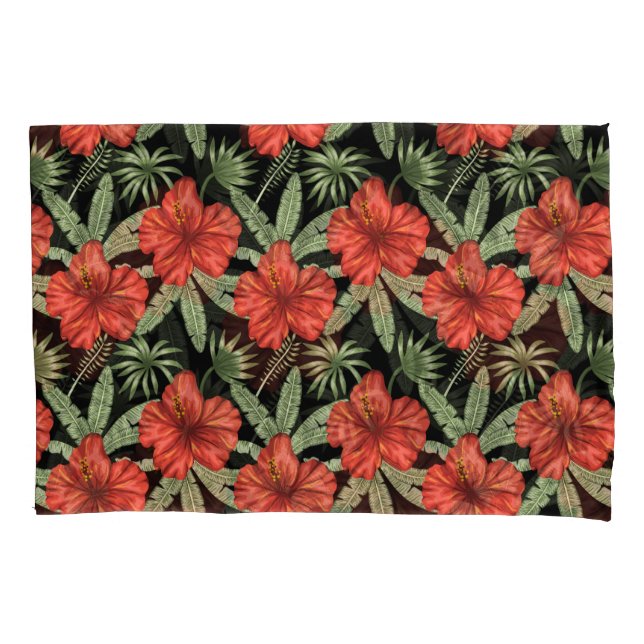 Red tropical flowers seamless pattern green leaves pillowcase (Front-Left)