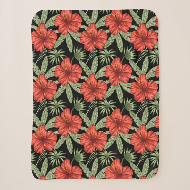 Red tropical flowers seamless pattern green leaves sherpa blanket (Front)