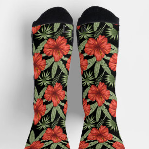 Red tropical flowers seamless pattern green leaves socks