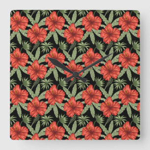 Red tropical flowers seamless pattern green leaves square wall clock
