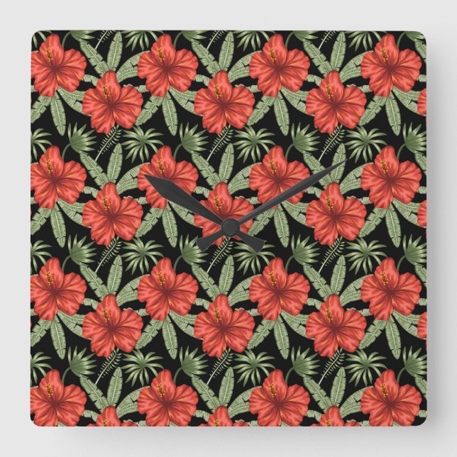 Red tropical flowers seamless pattern green leaves square wall clock (Front)