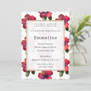 Red Tropical Hibiscus Floral Gold Glitter Birthday Invitation
