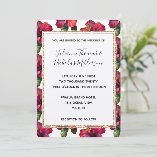 Red Tropical Hibiscus Floral Wedding Glitter Frame Invitation (Standing Front)