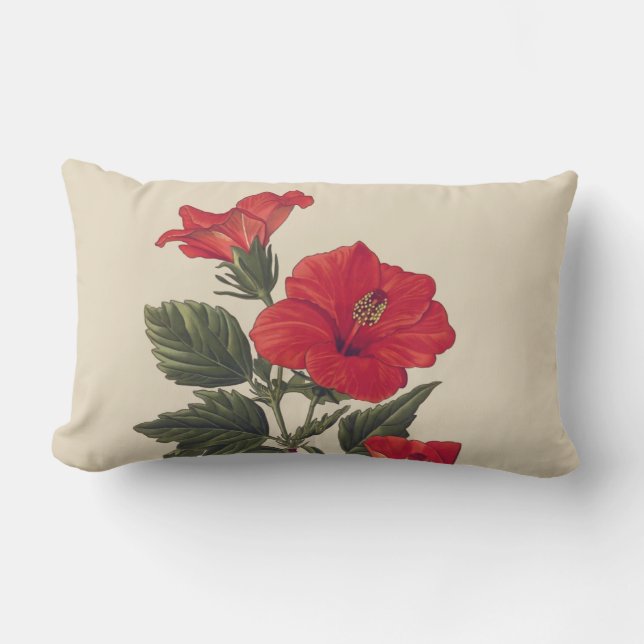 Red Tropical Hibiscus Tan Outdoor Lumbar Pillow (Front)