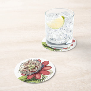 Red Tropical Passionflower Flower Round Paper Coaster