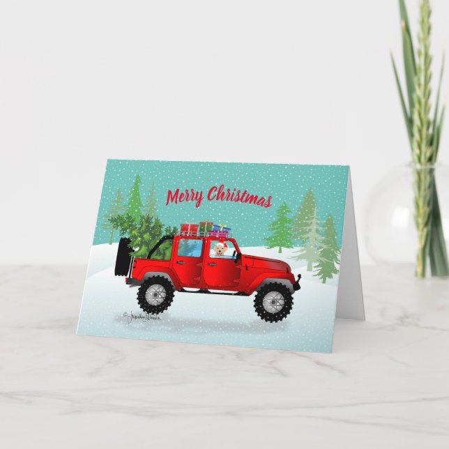 Red Truck, 4x4, Yellow Lab, Snow Holiday Christmas Card (Front)