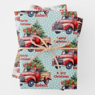 Red Truck Add Name Merry Christmas 3 Wrapping Paper Sheet