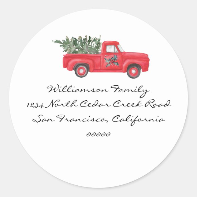 Red Truck Address Return Classic Round Sticker (Front)