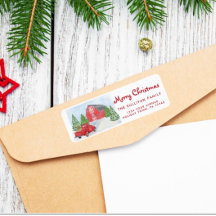 Red truck and barn Christmas return label