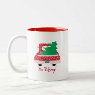 Red Truck and Tree "Be MERRY" Two-Tone Coffee Mug