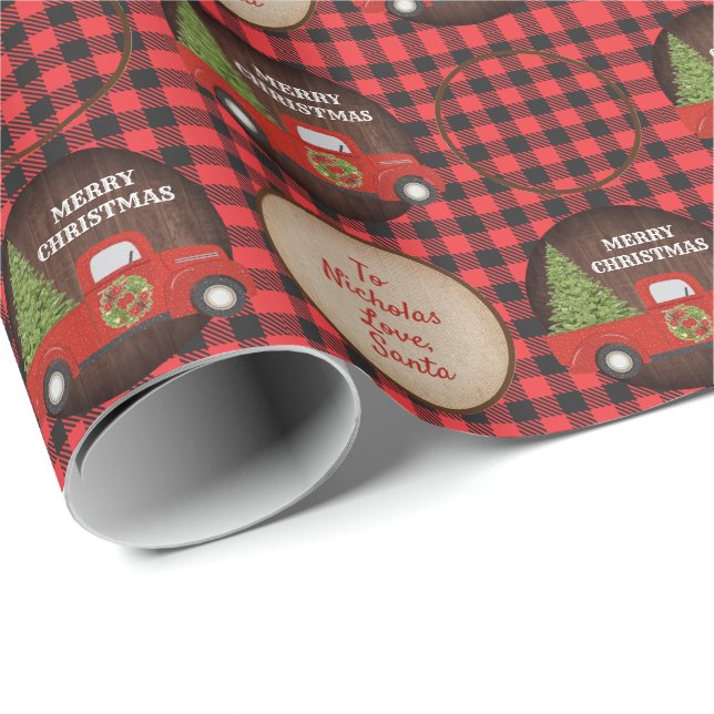 Red Truck and Tree Buffalo Plaid Photo Christmas Wrapping Paper (Roll Corner)
