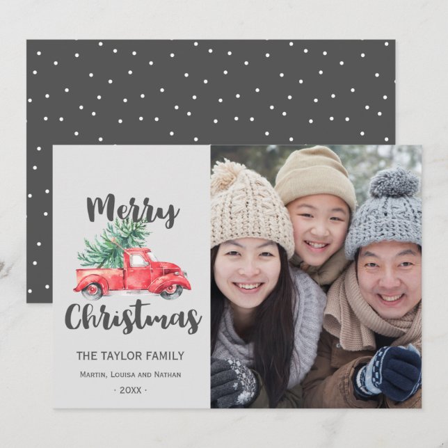 Red Truck and Tree Christmas Photo Holiday Card (Front/Back)