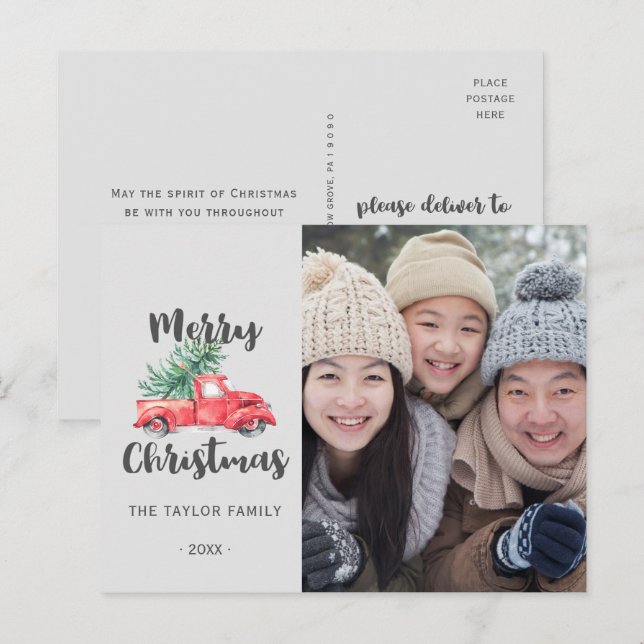 Red Truck and Tree Christmas Photo Holiday Postcard (Front/Back)