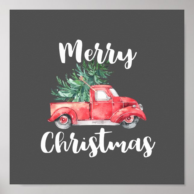 Red Truck and Tree | Gray Merry Christmas Poster (Front)