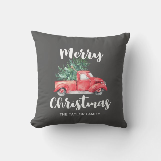Red Truck and Tree | Grey Christmas Cushion (Front)