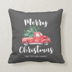 Red Truck and Tree   Grey Christmas Cushion
