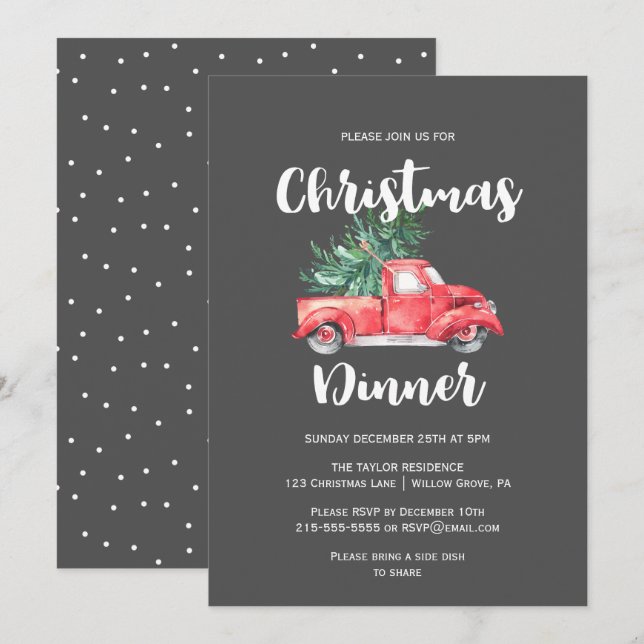 Red Truck and Tree | Grey Christmas Dinner Invitation (Front/Back)