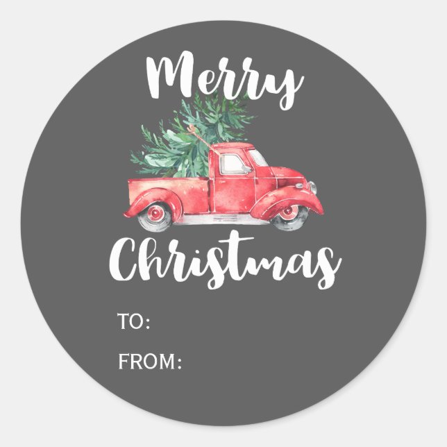 Red Truck and Tree | Grey Christmas Gift Name Classic Round Sticker (Front)