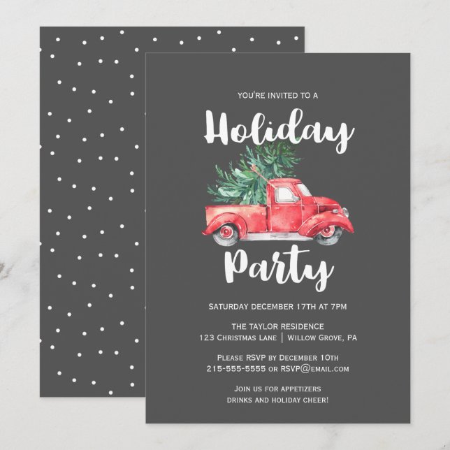 Red Truck and Tree | Grey Holiday Party Invitation (Front/Back)