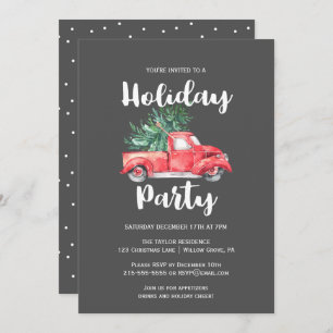 Red Truck and Tree   Grey Holiday Party Invitation