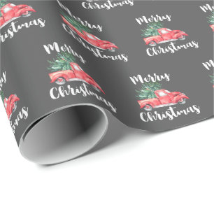Red Truck and Tree   Grey Merry Christmas Gift Wrapping Paper