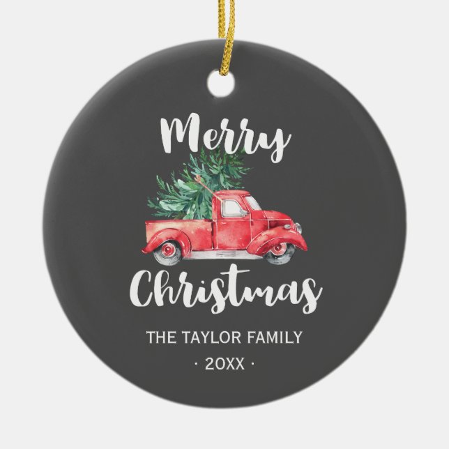 Red Truck and Tree | Grey Merry Christmas Holiday Ceramic Tree Decoration (Front)