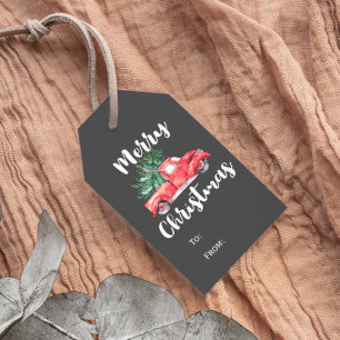Red Truck and Tree   Grey Merry Christmas Name Gift Tags