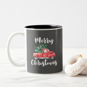Red Truck and Tree   Grey Merry Christmas Two-Tone Coffee Mug