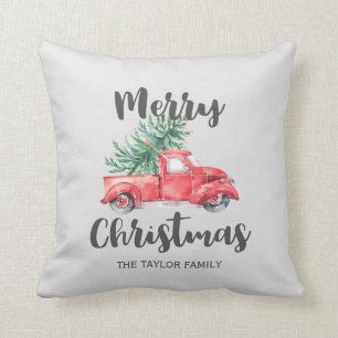 Red Truck and Tree Merry Christmas Cushion