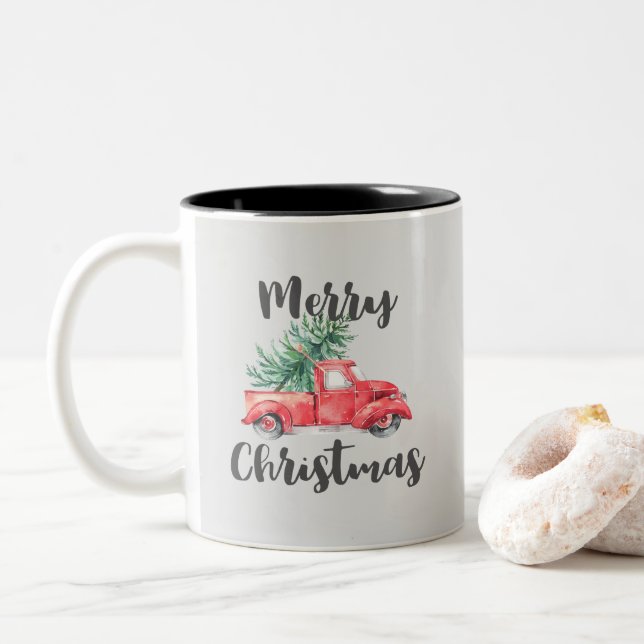 Red Truck and Tree Merry Christmas Two-Tone Coffee Mug (With Donut)