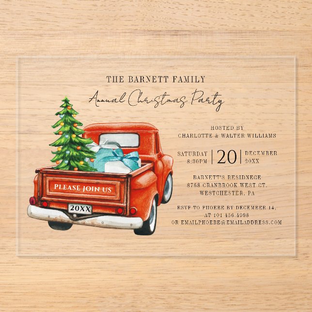 Red Truck Annual Script Christmas Holiday Party Acrylic Invitations (Front)
