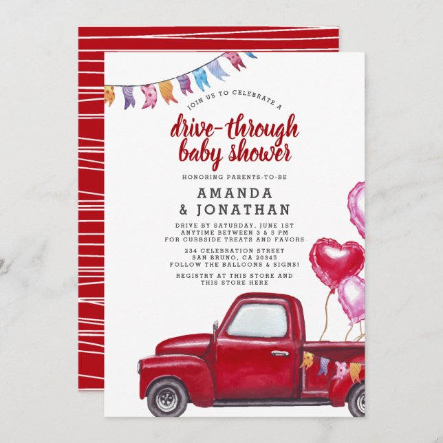Red Truck & Balloons Drive Through Baby Shower Invitation (Front/Back)
