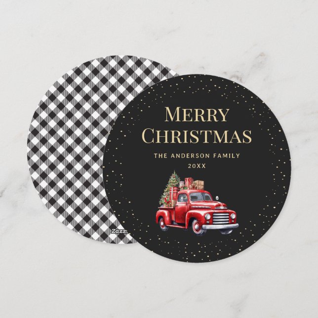 Red Truck Black Buffalo Plaid Merry Christmas Card (Front/Back)