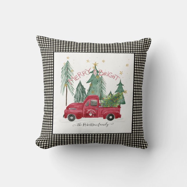 Red Truck Black White Buffalo Check Farmhouse Cushion (Front)