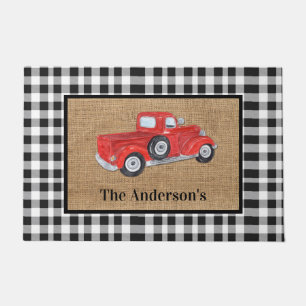 Red Truck Black & White Check Burlap Monogram Doormat
