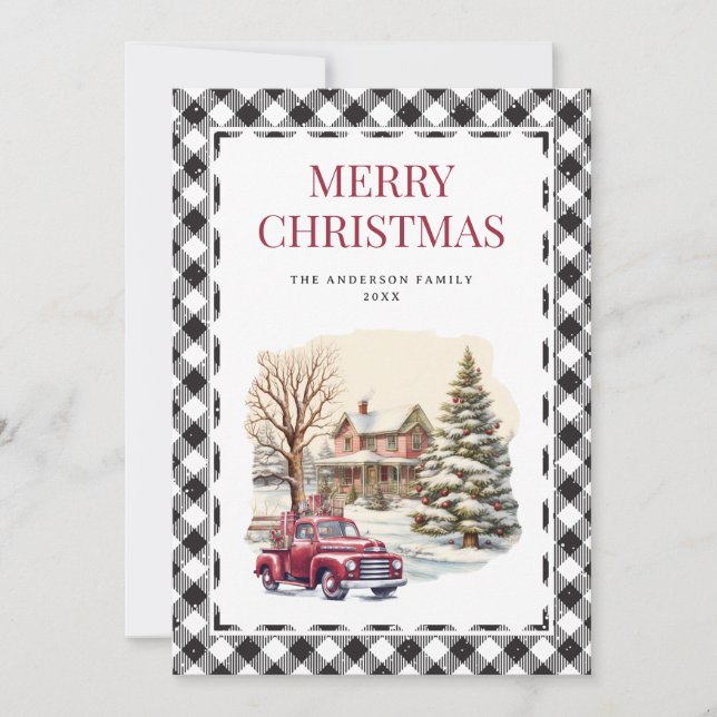 Red Truck Black White Plaid Merry Christmas Card (Front)
