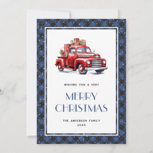 Red Truck Blue Plaid Merry Christmas Card