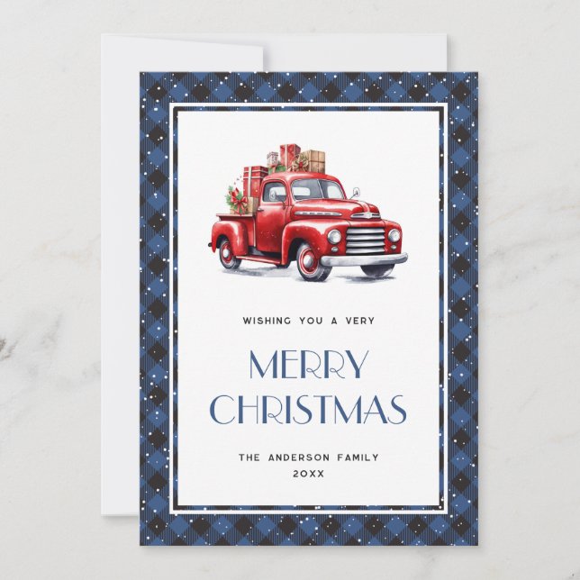 Red Truck Blue Plaid Merry Christmas Card (Front)