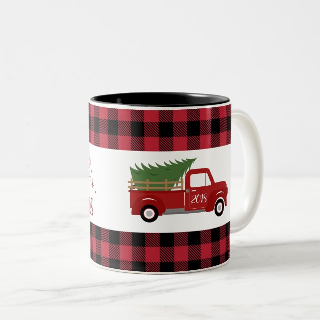 Red Truck Buffalo Plaid Christmas Two-Tone Coffee Mug (Front Right)
