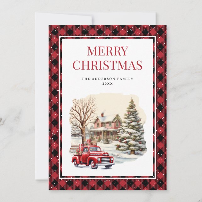 Red Truck Buffalo Plaid Merry Christmas Holiday Card (Front)