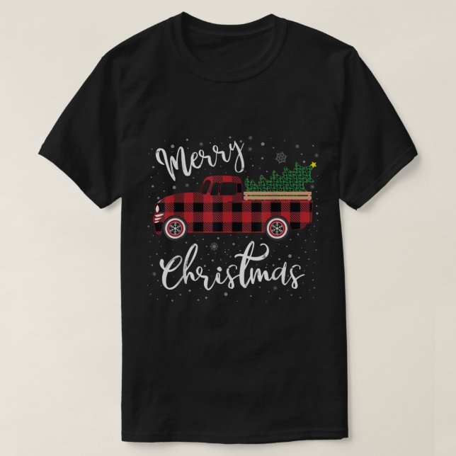 Red Truck Buffalo Plaid Merry Christmas  T-Shirt (Design Front)