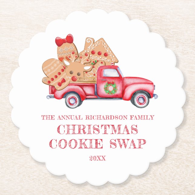 Red Truck Christmas Cookie Swap Paper Coaster (Front)