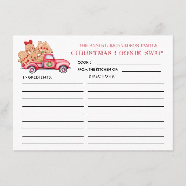 Red Truck Christmas Cookie Swap Recipe Card (Front)
