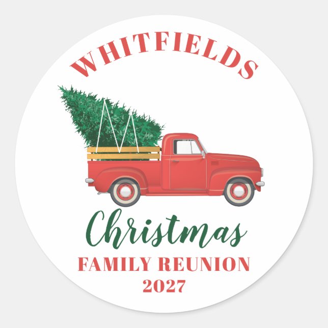 Red Truck Christmas Family Reunion Custom Classic Round Sticker (Front)