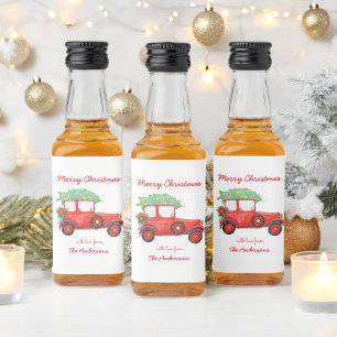Red Truck Christmas Green Tree Holiday Liquor Bottle Label