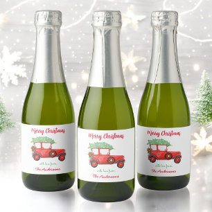 Red Truck Christmas Green Tree Holiday Sparkling Wine Label