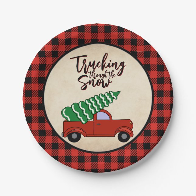 Red Truck Christmas Party Plates Buffalo Plaid (Front)