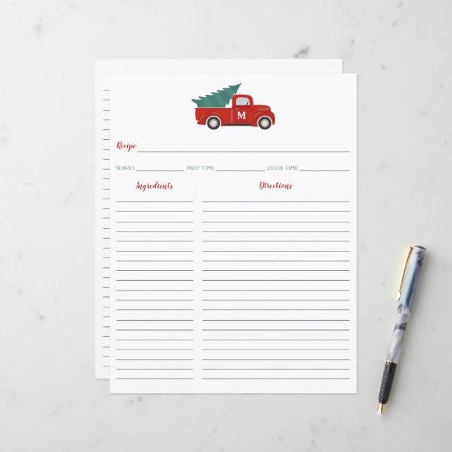 Red Truck Christmas Recipe Card Binder Insert (Front/Back In Situ)