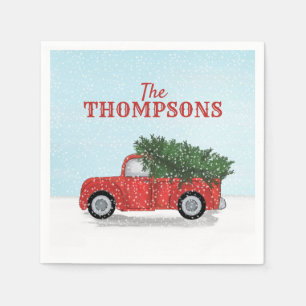 Red Truck Christmas Tree Cute Personalised Napkin