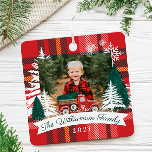 Red Truck Christmas Tree Delivery Red Plaid Photo Metal Tree Decoration